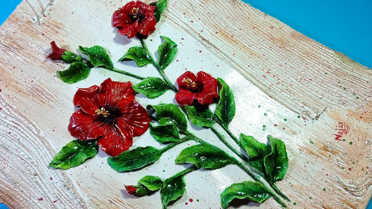 طريقة عمل لوحة فنية: أزهار بعجينة السيراميك (زهرة الكركديه ) Tableau décoratif : fleurs Hibiscus
