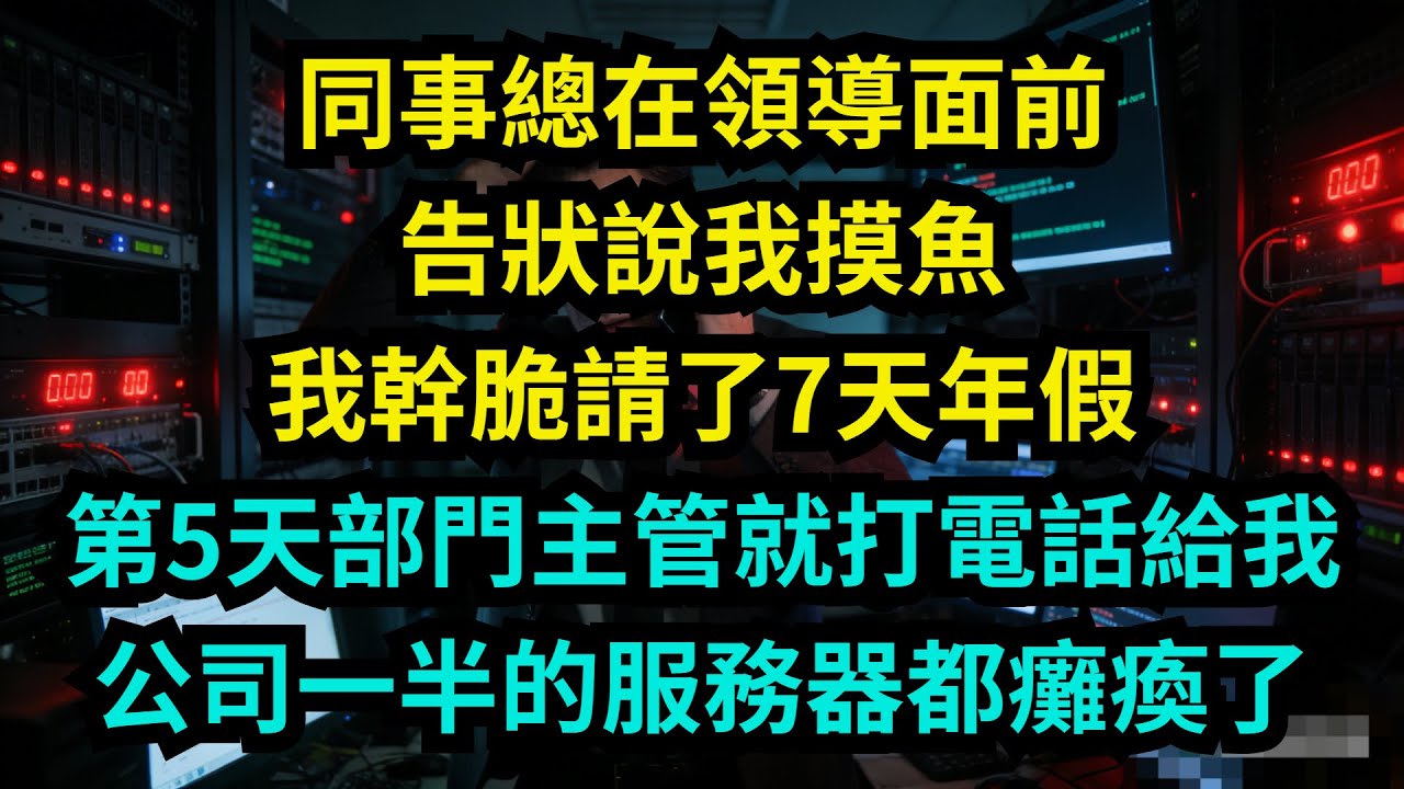 同事總在領導面前告狀說我摸魚，我幹脆請了7天年假，第5天部門主管就打電話給我：公司一半的服務器都癱瘓了【奇聞秘事】#奇聞#秘事#故事 #职场 #职场故事 #奖金