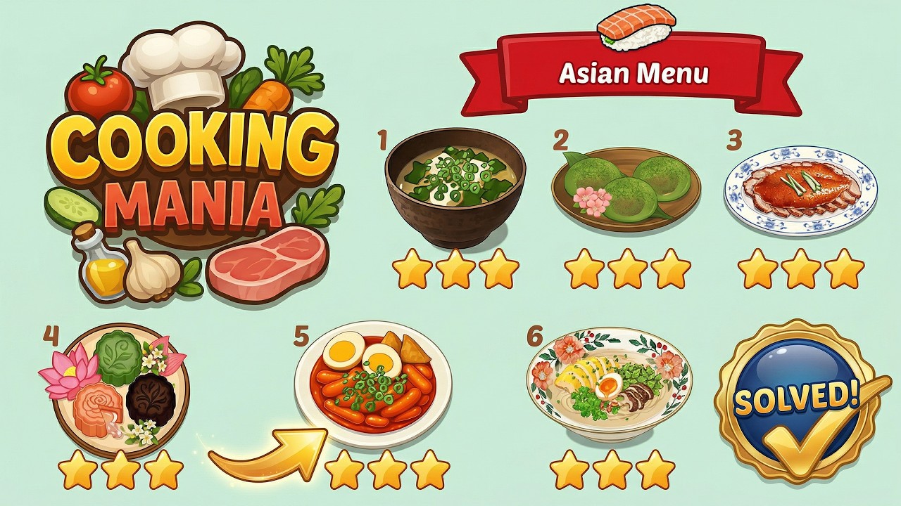 Cooking Mania Levels 1-6 | Asian Menu | Every Puzzle Solved! 🎯