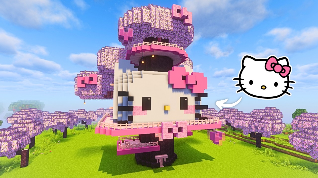How to Build a HELLO KITTY CHERRY TREE HOUSE in Minecraft!