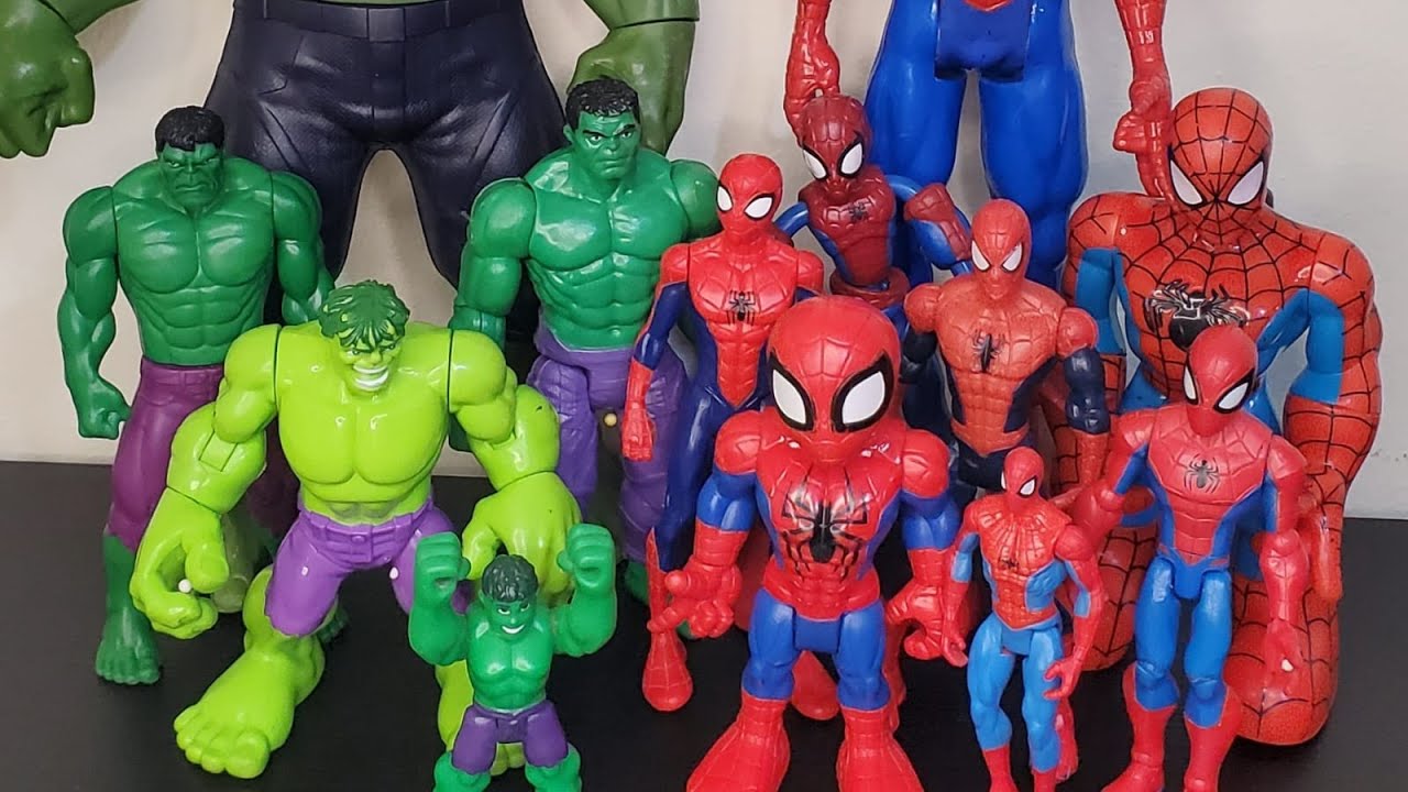 Spider-man team and Hulk diferentes figuras de Acción Y coleccion mostrando muñecos del hombre araña