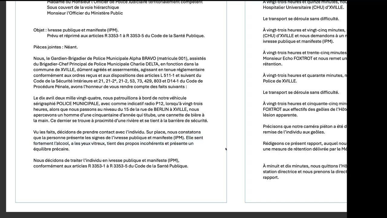 Rapport de Police Municipale : Ivresse Publique et Manifeste (IPM)