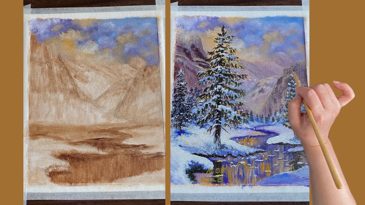 How to draw landscape painting/#003/Misty Mountain and pine trees/Acrylic painting