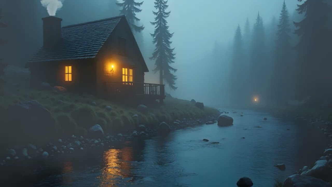 A Peaceful Night in the Forest as a Cozy Cabin Sits by a Slow Flowing River Covered in Soft Blue Fog