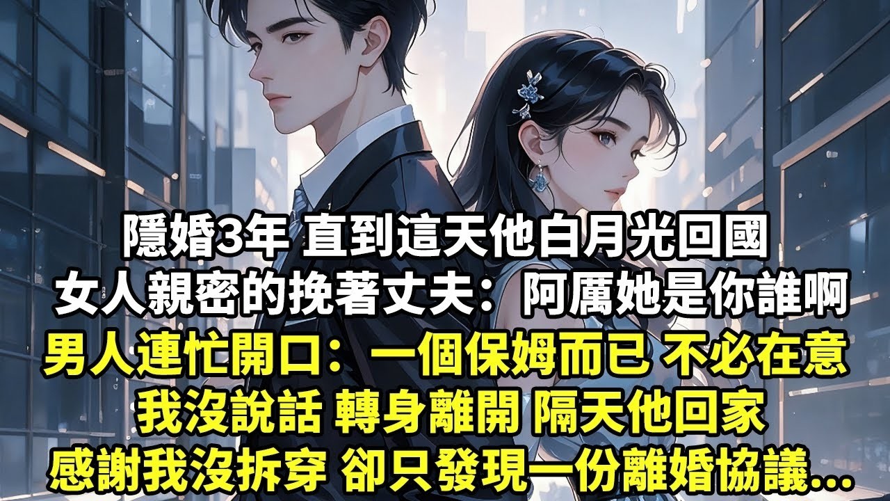隱婚3年 直到這天他白月光回國 女人親密的挽著丈夫： 「阿厲她是你誰啊」 男人連忙開口：一個保姆而已 不必在意 我沒說話 轉身離開 隔天他回家感謝我沒拆穿 卻只發現一份離婚協議   【言情】【