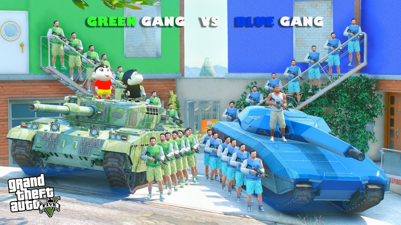 Shinchan Green Gang VS Franklin Blue Gang Military Tank Challenge In GTA 5