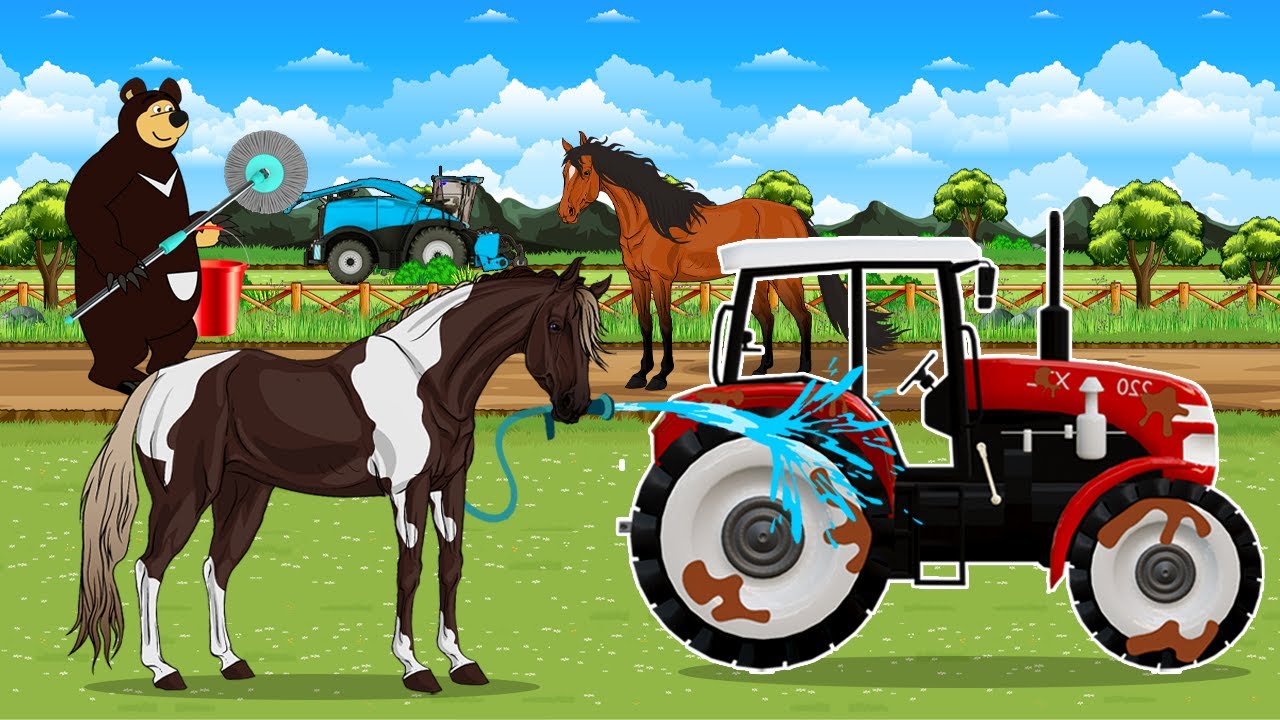3 Horses 🐎 Join Forces to Help Farmer Bear Finish the Farm Work! Vehicles Farm Life