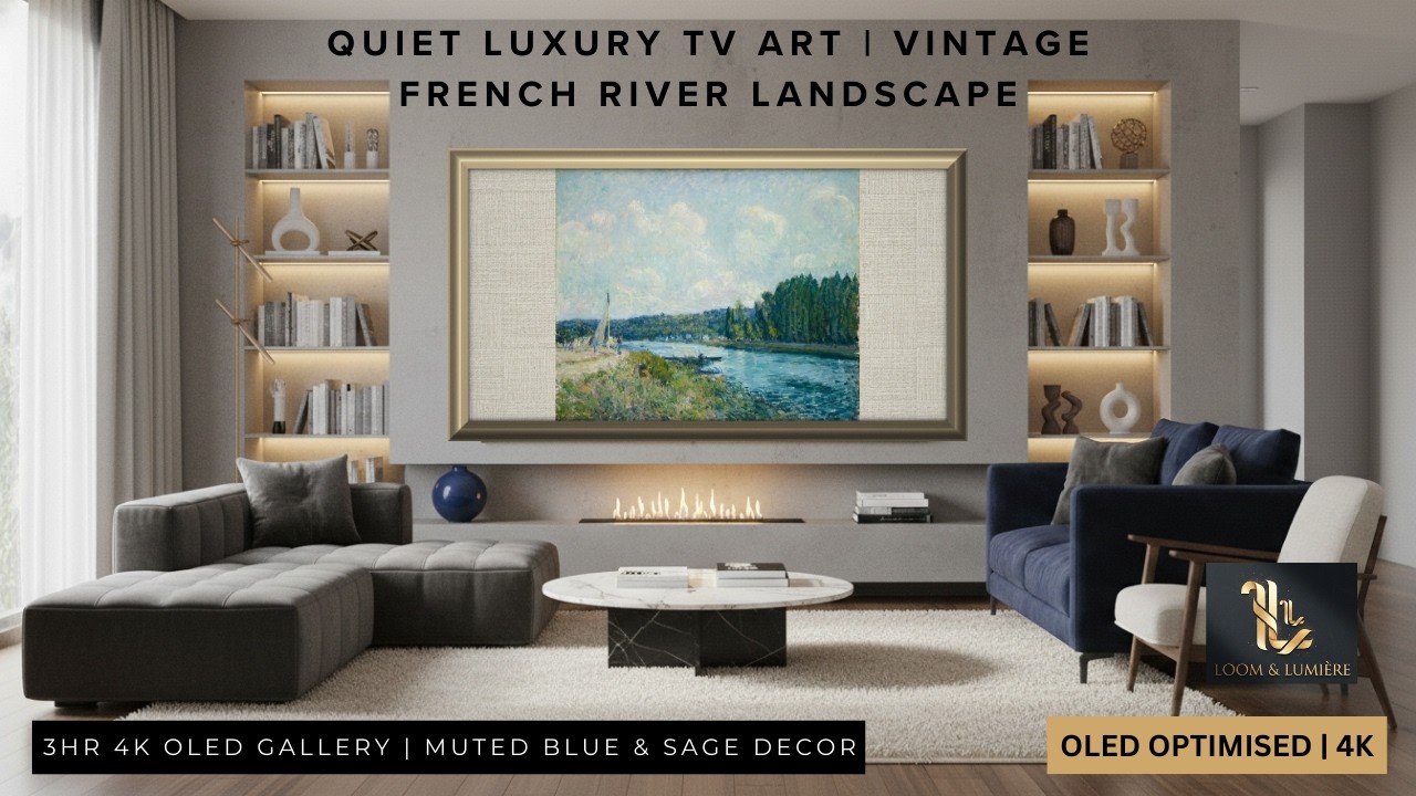 Quiet Luxury TV Art | Vintage French River Landscape | 3HR 4K OLED Gallery | Muted Blue & Sage Decor