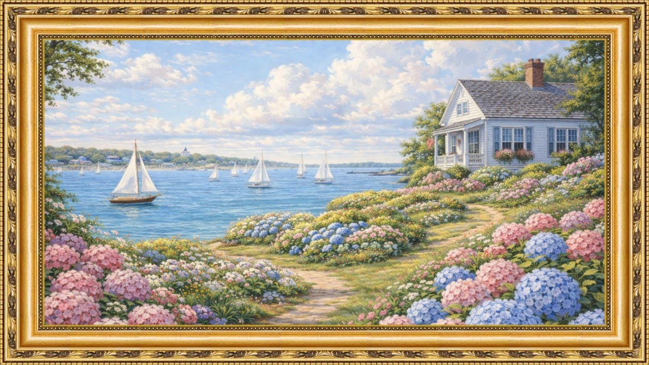 Cozy Coastal Cottage Ambience 🌸 | Seaside Garden & Framed TV Art