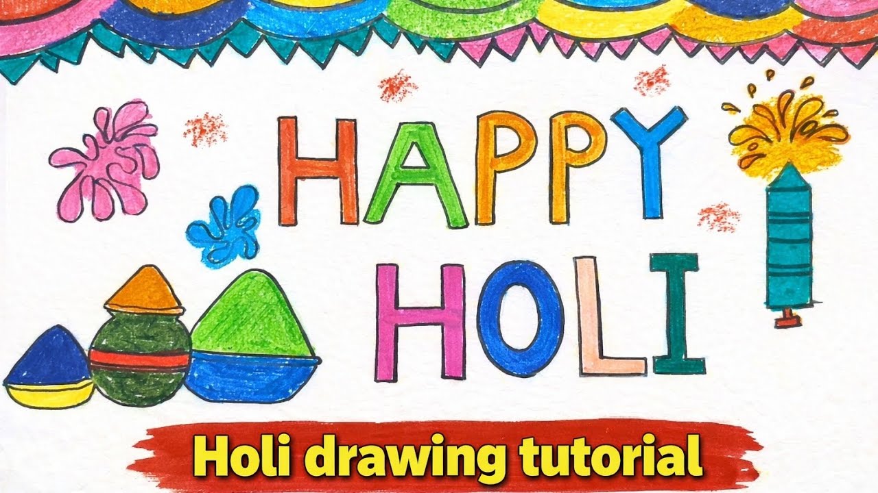 Happy Holi Drawing Tutorial 🌈 | Easy Holi Poster Making for Kids School Competition #easyholidrawing