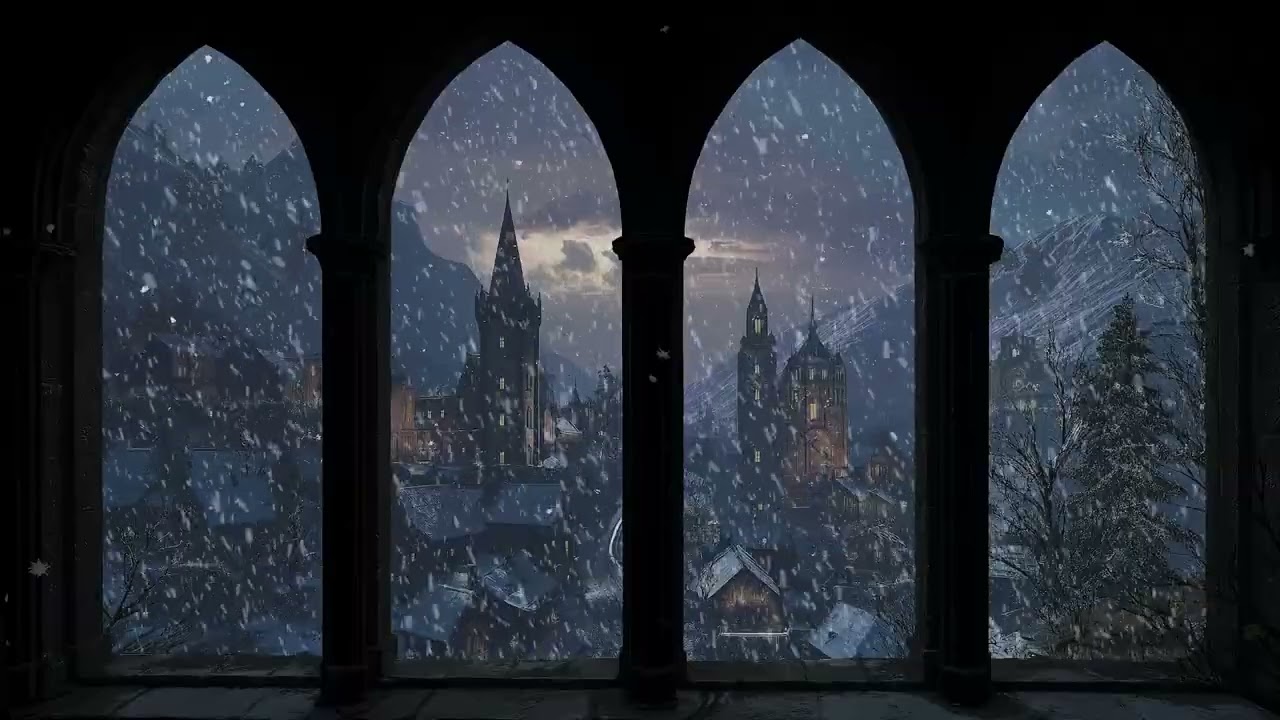 (No Ads) Peaceful Medieval Village Winter Night Seen Through a Window