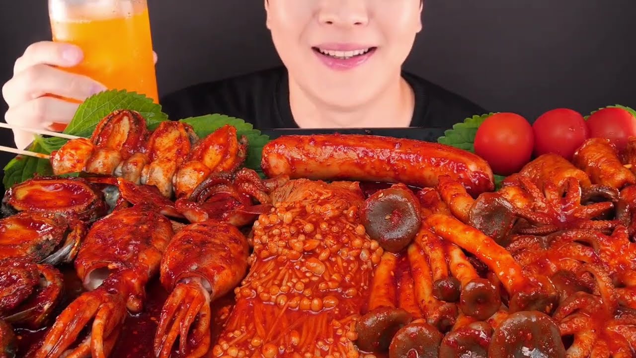 ASMR MUKBANG | Spicy Seafood Feast 🦑🍄 Sausage, Mushrooms, Octopus & Squid Eating Sounds 