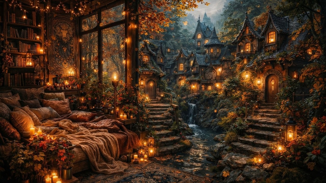Rainy Night in a Fantasy Forest Cabin 🌧️ Fireflies & Crackling Fireplace | Deep Sleep, Study