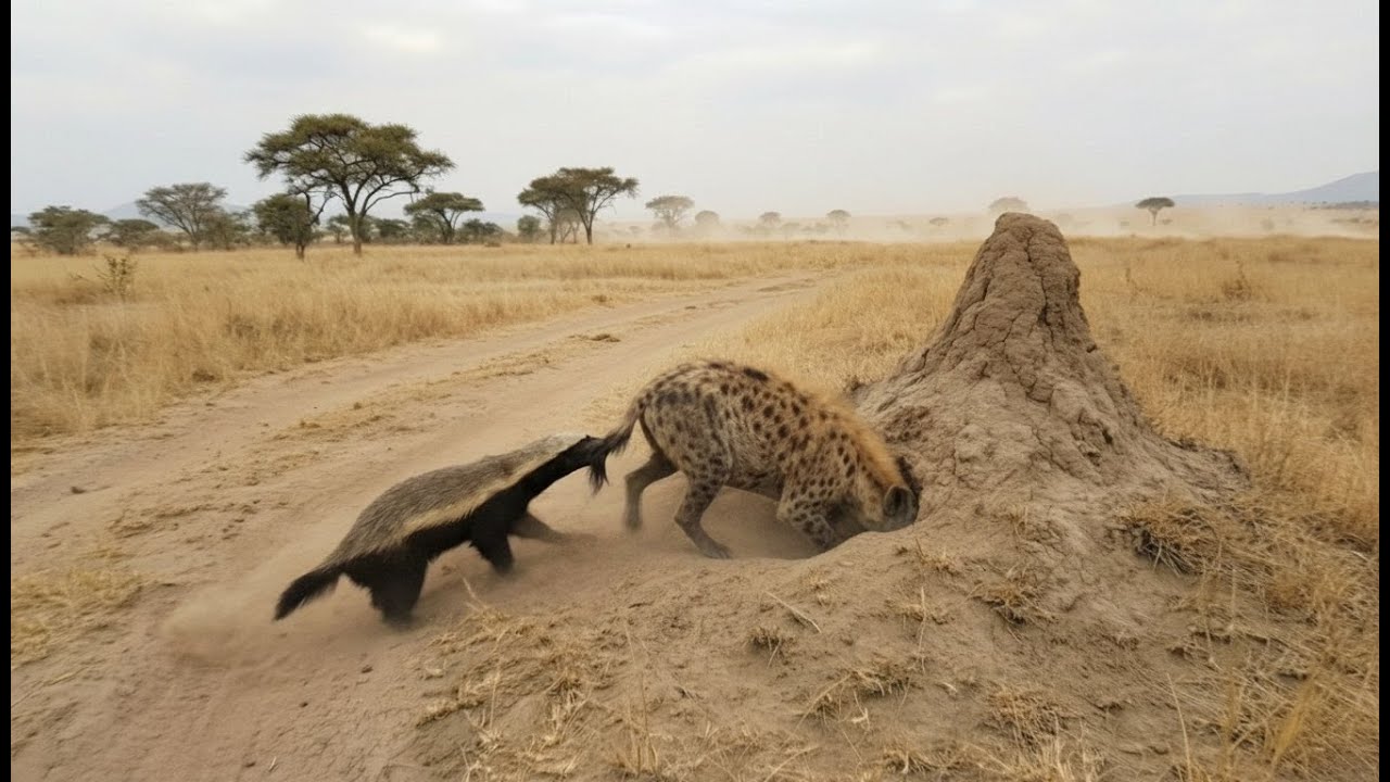 Honey Badger Keeps Biting And The Hyena Finally Backs Off From Her Den