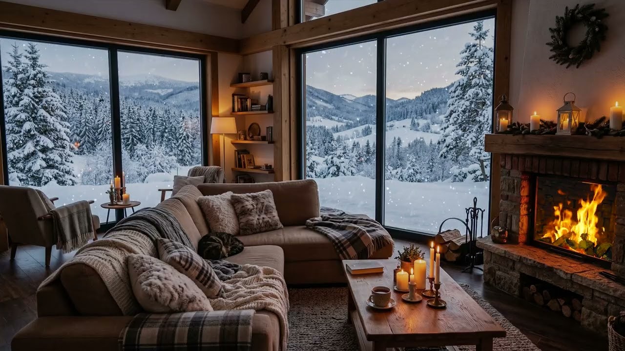 Peaceful Snowfall ❄️ Outside A Cabin Living Room While Soft Fire 🔥 Glows Inside