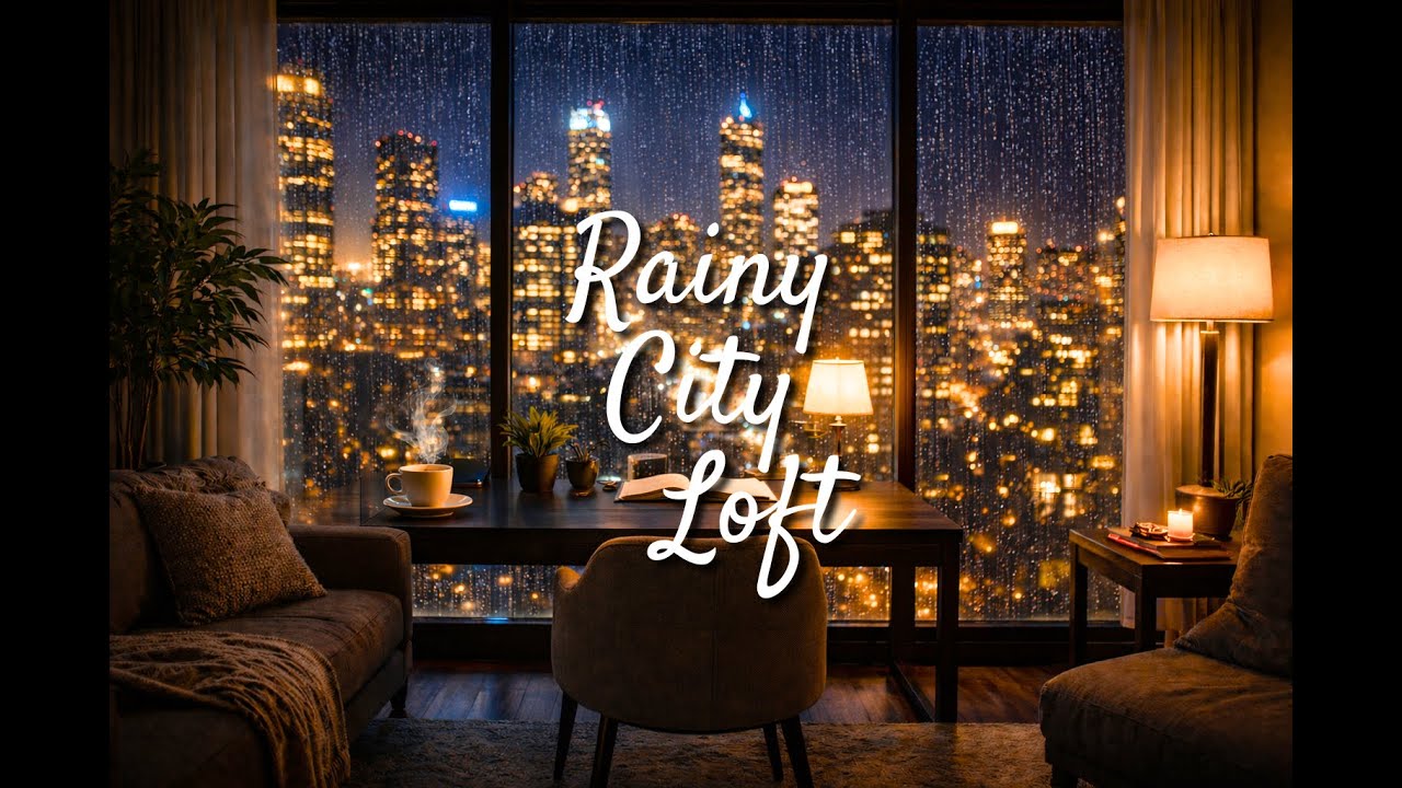 Rainy City Loft at Night | Rain on Window Ambience | Piano, Harp & Violin (50 Min)