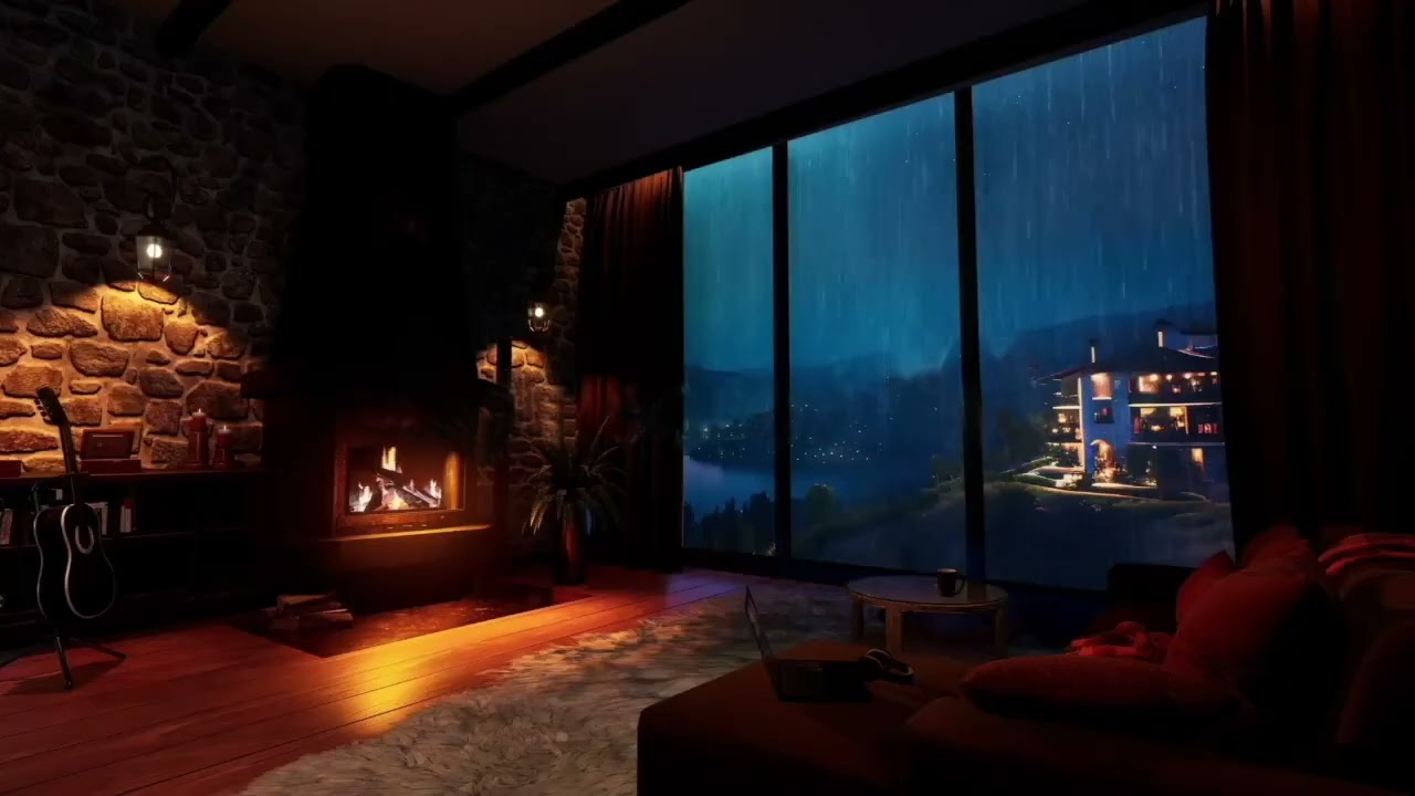 Cozy Study Nook with Rain & Crackling Fire