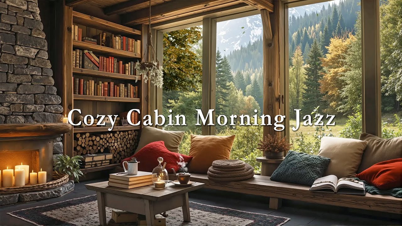 Cozy Cabin Morning Jazz ☕ Fireplace Glow, Books & Gentle Jazz Vibes