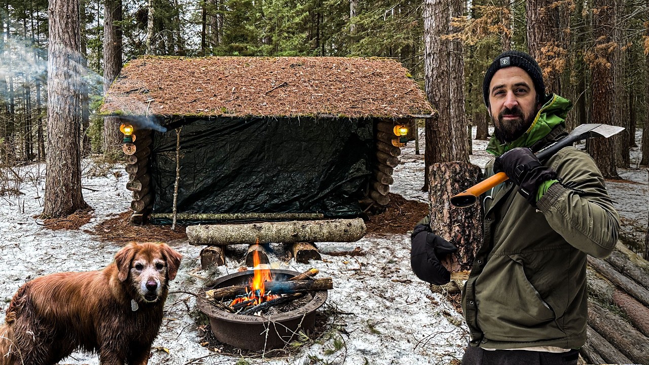 We turned a SURVIVAL HUT into a Log Cabin for a Winter Night! Bitter Cold