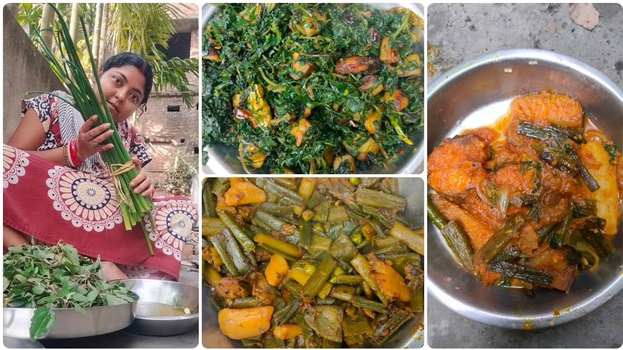 Bengali village dish onion leaf sabji saag fry & fish curry onion leaf potato 🌿🎏👌