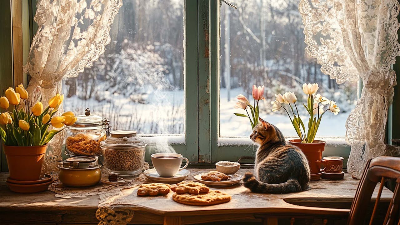 Relaxing 1950s Cozy Warm Morning With Oldies Playing In Another Room For Relaxation And It's Snowing