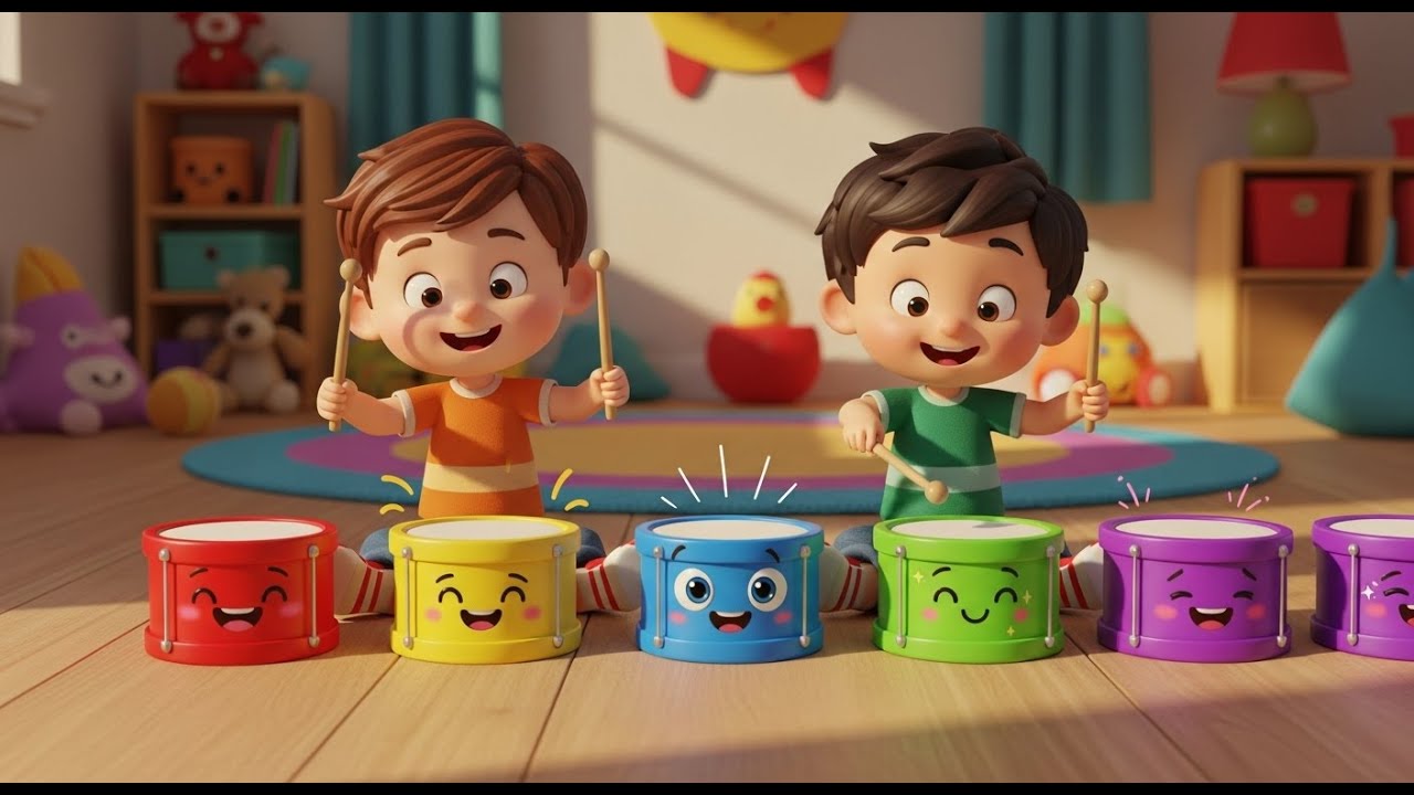 Cinco Pequenos Tambores de Brinquedo Bum, Bum, Bum | Canções Infantis e Rimas para Crianças