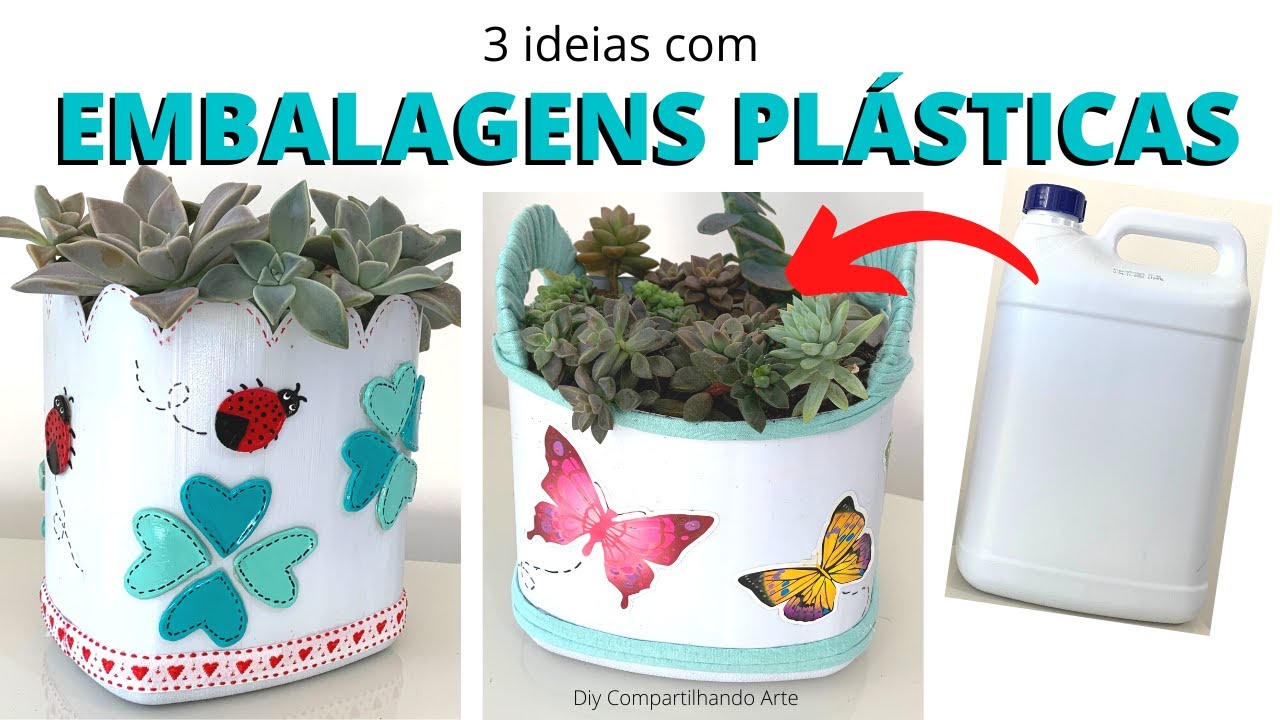 3 VASOS CRIATIVOS usando embalagens plasticas de agua sanitária Artesanato do Compartilhando Arte