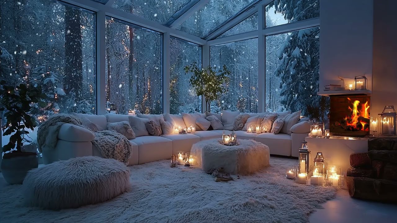 🔥🎼 Peaceful Winter Piano Lounge | Snow Outside & Warm Firelight | Study Focus Calm