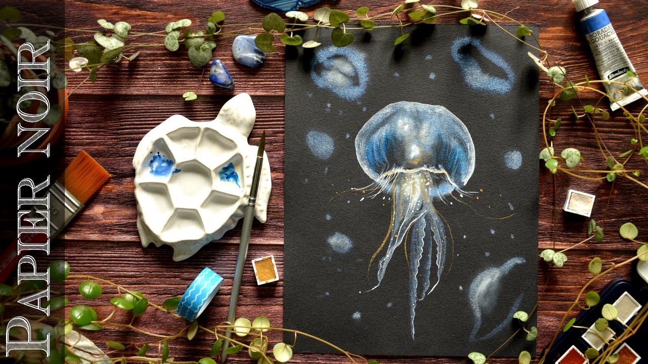 Gouache / Aquarelle sur fond noir - Méduse