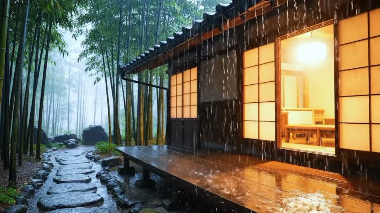 Heavy Rain on a Traditional Japanese Tea House – Calm Night Rain Sounds for Deep Sleep