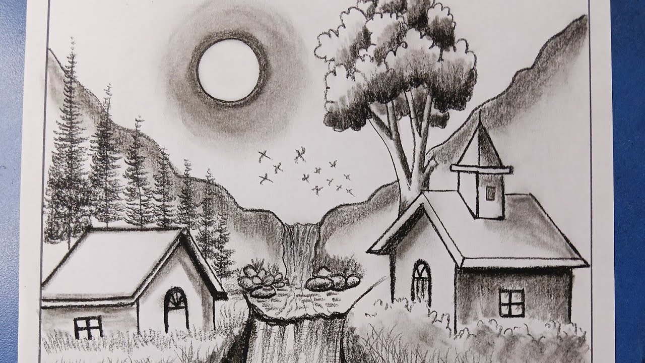 How To Drawing 3d Waterfall Scenery charcoal pencil