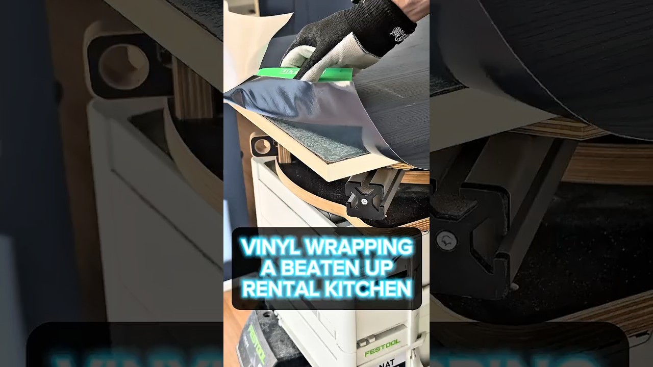Kitchen vinyl wrap on a beaten up rental kitchen🪄 #kitchenwrap #kitchenmakeover #kitchendecor
