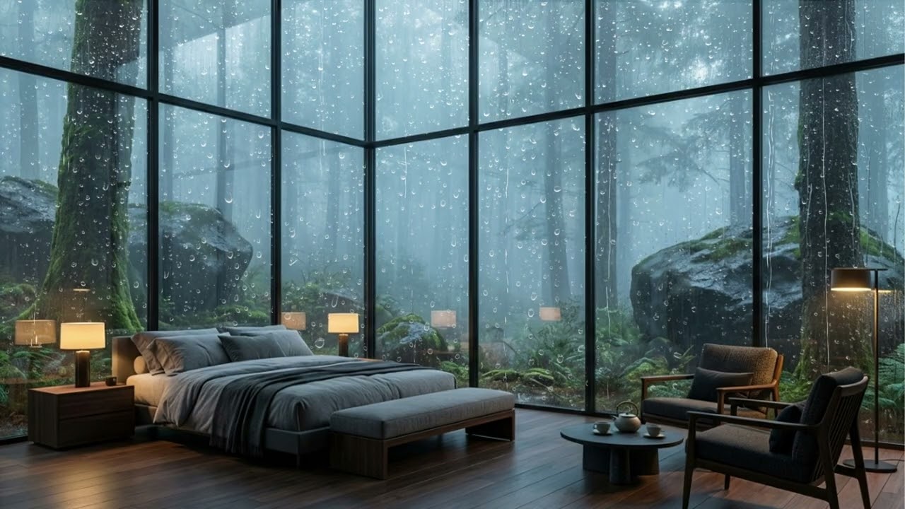 3 HOURS Heavy Rain in a Glass Cabin  Forest Night Sleep Ambience
