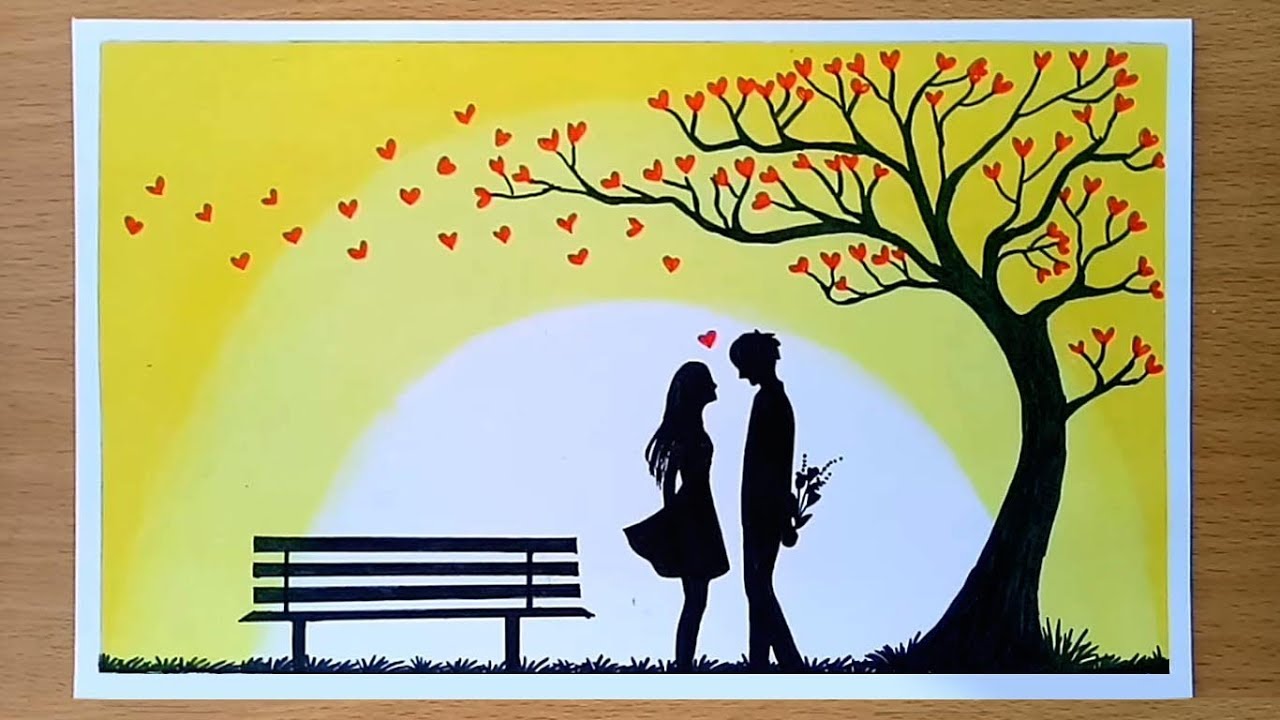 How to draw Romantic couple under love tree || Valentine's day drawing