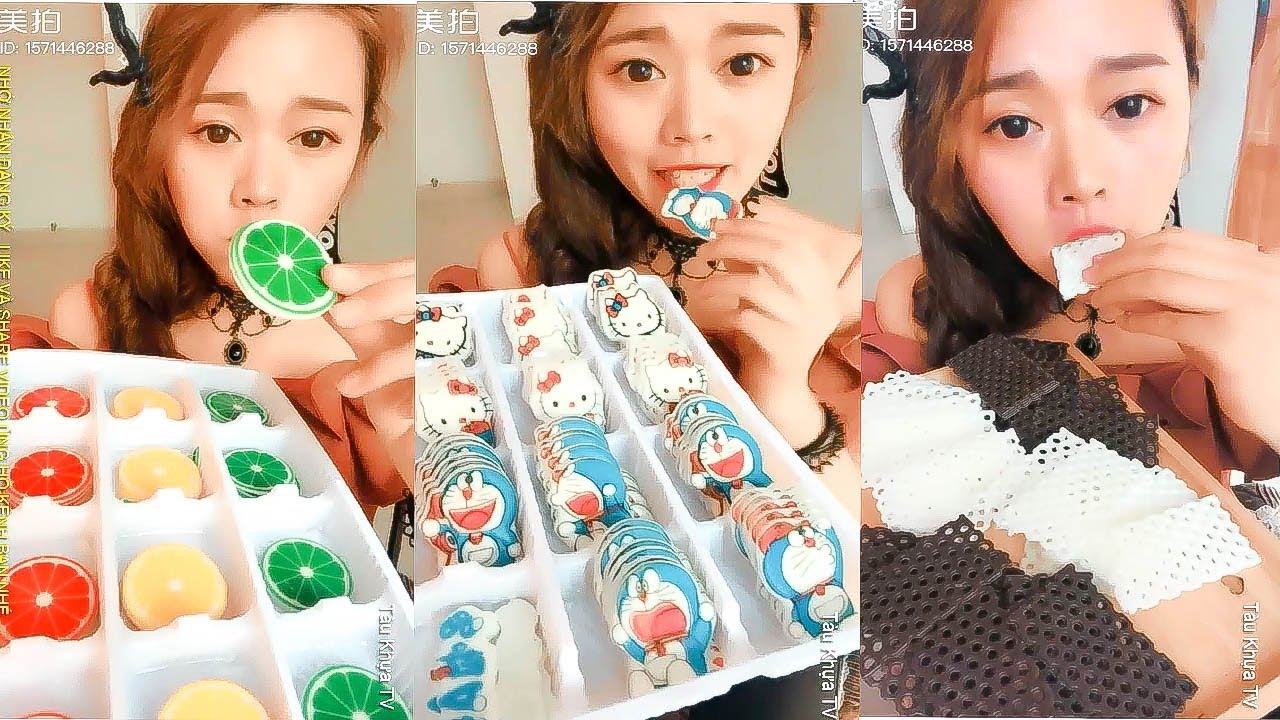 Girl eating strange shaped candies, Candy doraemon figure