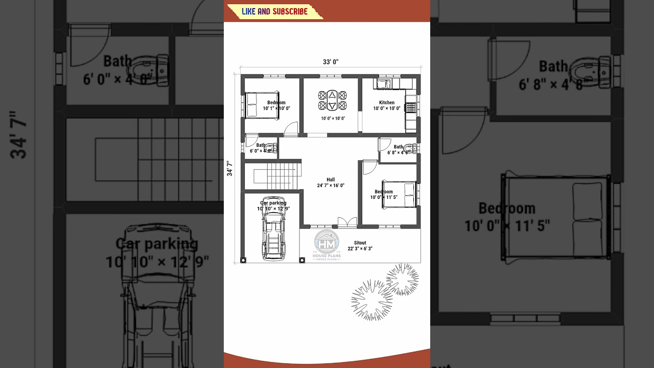 33' x 34'7" Modern 2BHK House Plan | Compact & Functional Design