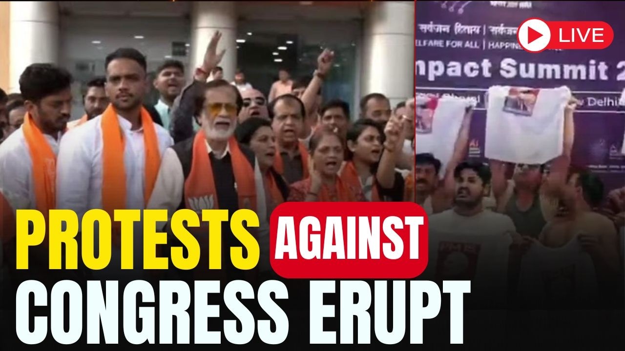 LIVE: BJP Protests Against Rahul After Shirtless Youth Congress Stir at AI Summit