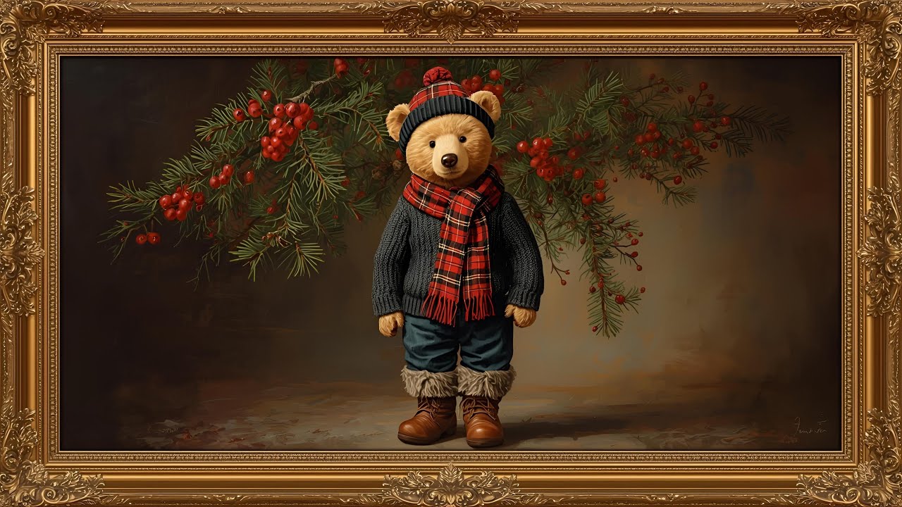 Moody Christmas Bear in Gold Frame | Old Money Holiday TV Art Screensaver @99for1TVart 