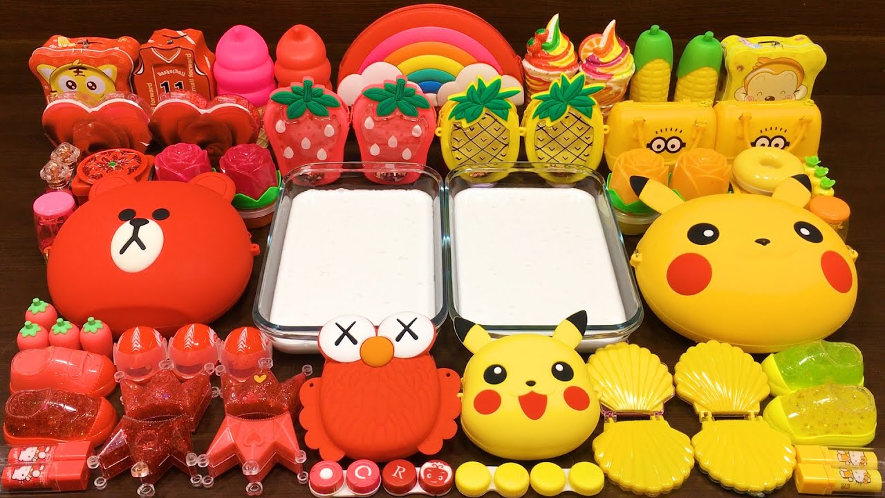 Red Bear  vs Yellow Picachu! Mixing Random Things into GLOSSY Slime! Satisfying Slime Videos #79