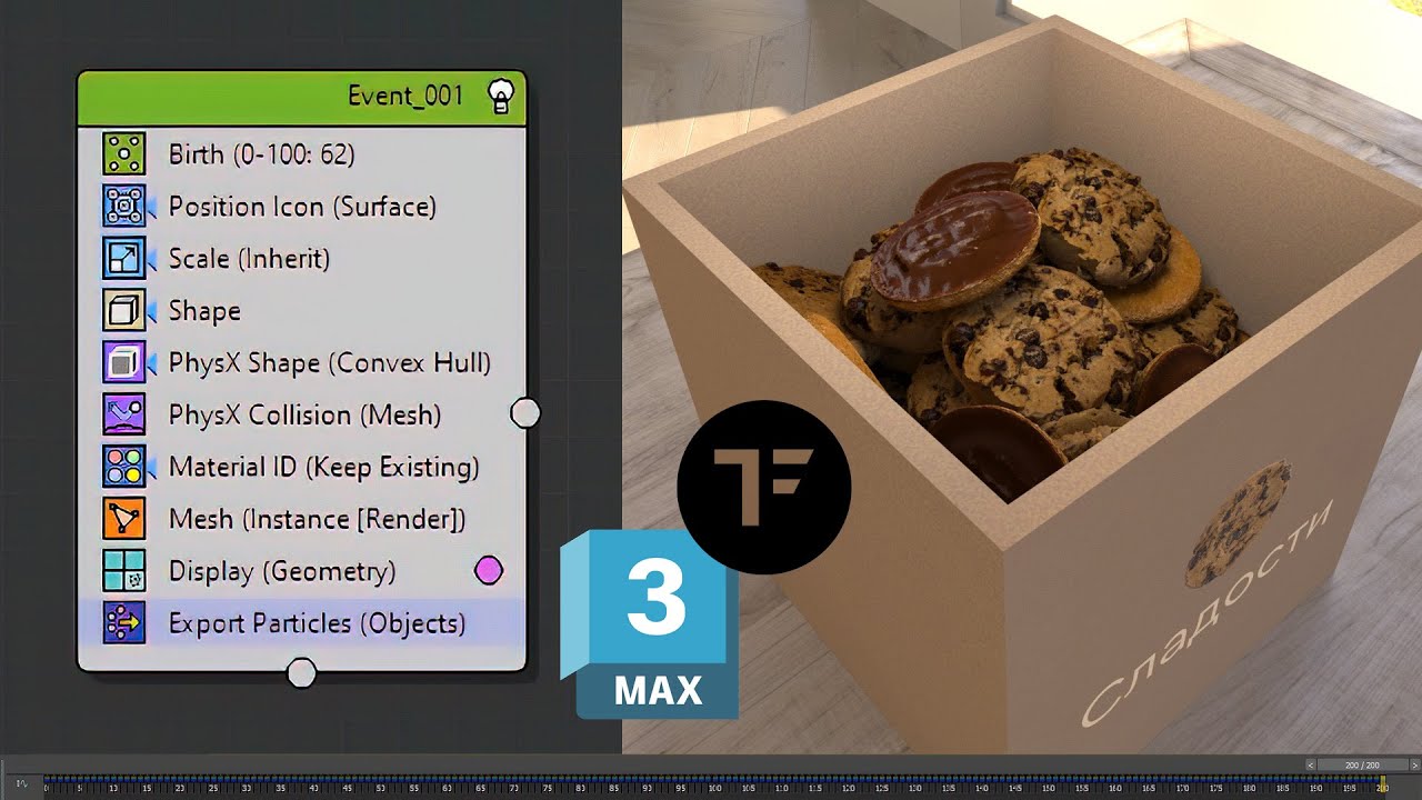 Физика объектов в 3Ds Max tyFlow: настройка нод и запекание / экспорт физики (рассыпать объекты)