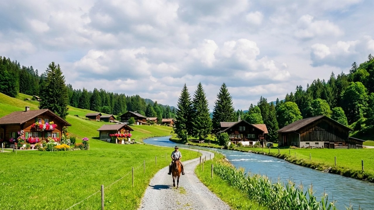 Swiss Countryside Walk in Giswil, Switzerland 🇨🇭| Farmlands, River & Village Life [4K]