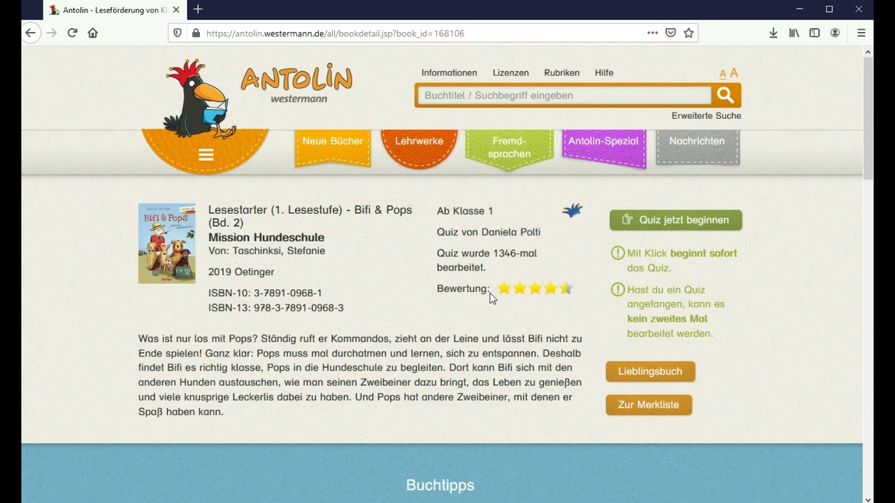 GS am Rosenbusch Lernvideos - Antolin: Ein Buch finden und das Quiz bearbeiten