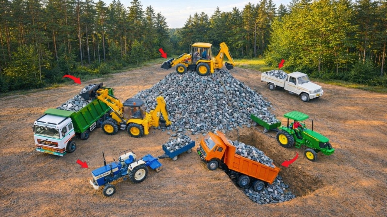 JCB 3DX Loading Black Stone & Sand 4 Tractor Truck Pickup | Truck Accident Pulling Out JCB 5CX