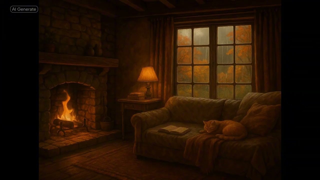 Cozy Autumn Cabin w Crackling Fireplace 🔥 | Relaxing Rain Sounds, Reading & Cat by the Fire Ambience