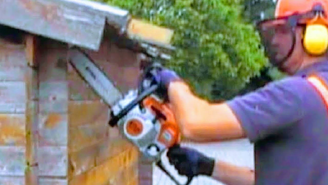 BLOCKH&Uuml;TTE MIT KETTENS&Auml;GE ABREISSEN | GARTENHAUS ZERLEGEN STIHL MOTORS&Auml;GE | SCHNELL BRENNHOLZ MACHEN