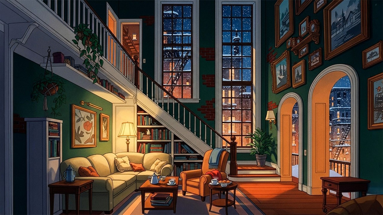 vintage jazz on a snowy 1940s night | oldies olaying in another room cozy ambience to relax with