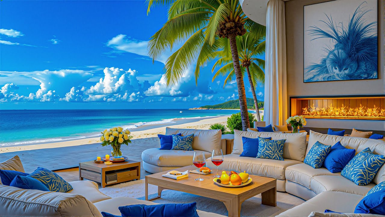 Positive Jazz In A Luxury Coastal Living Room - Soothing Jazz Music With Ocean Waves Sounds