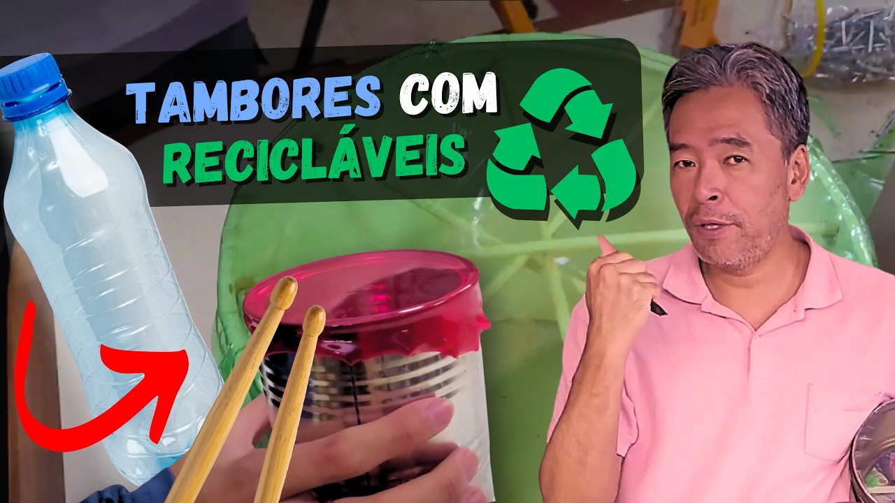 Diversos tambores e tamborins de garrafa pet