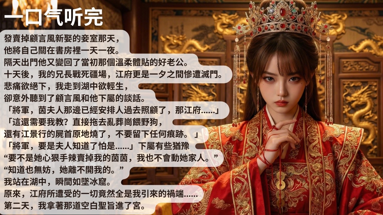 【完結】發賣掉顧言風新娶的妾室那天，他將自己關在書房裡一天一夜。隔天出門他又變回了當初那個溫柔體貼的好老公。十天後，我的兄長戰死疆場，江府更是一夕之間【30分鐘聽完全文】#一口氣看完 #完結 #小說