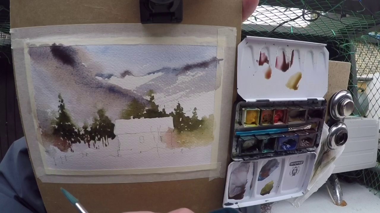 Outdoor winter pleinair sketch in watercolor done in 11 minutes